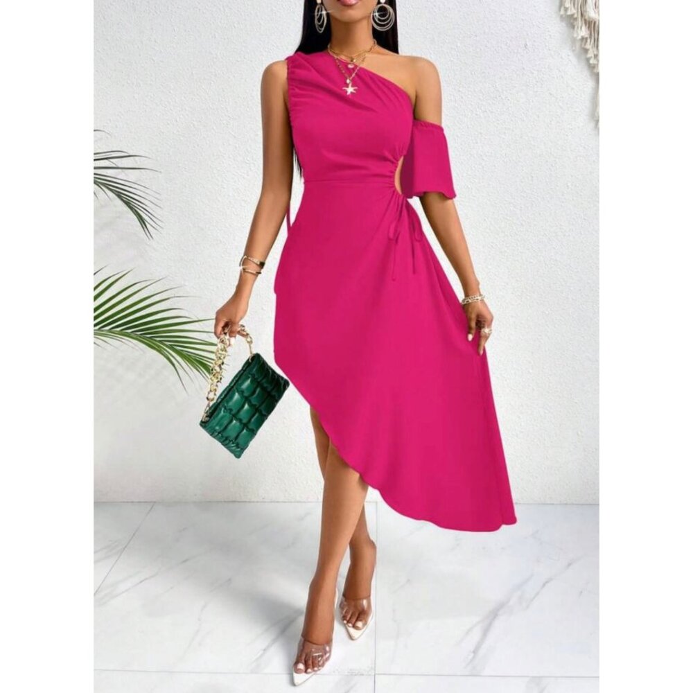 One Shoulder Fuchsia Pink Asymmetrical Sundress Large NIB